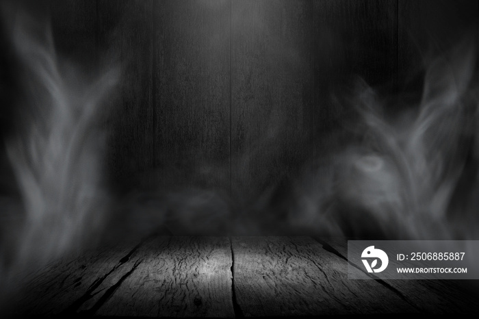 Dark empty room. Wooden table with smoke and black backgrounds.Wooden floor and wooden wall..