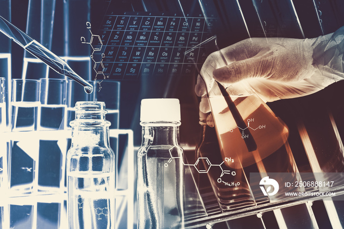 Researcher is dropping the reagent into test tube, with chemical equations background, in laboratory