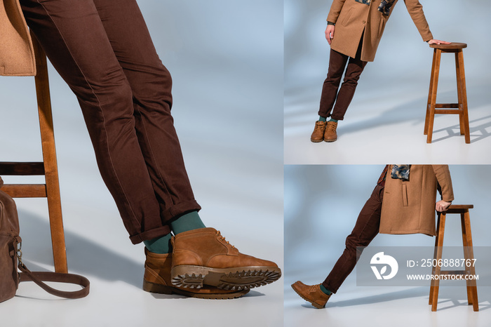 cropped view of stylish man in winter coat leaning on wooden chair near briefcase on grey, collage