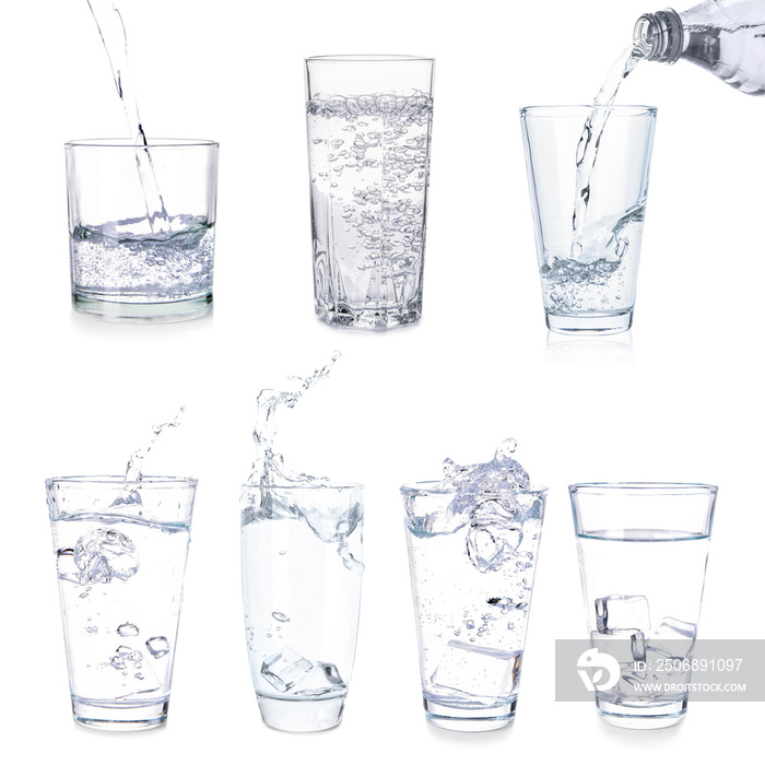 Collage with glasses of fresh water on white background