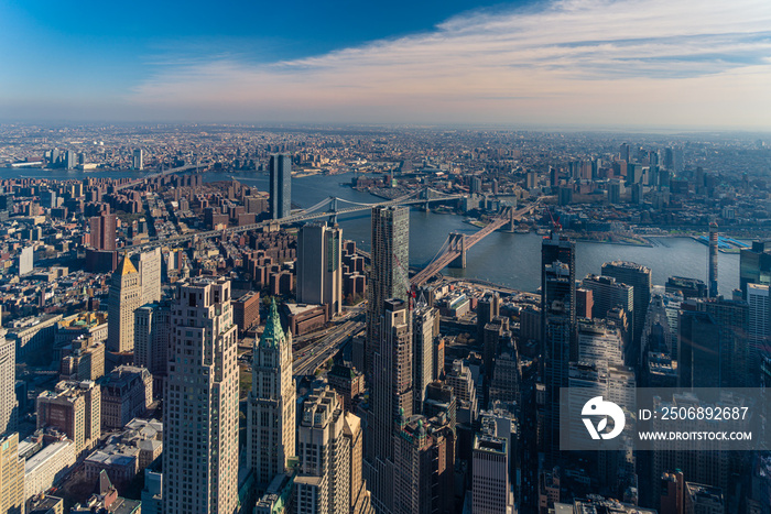 Aerial view of Lower East Side, downtown, Brooklyn Bridge and Manhattan Bridge, New York City.