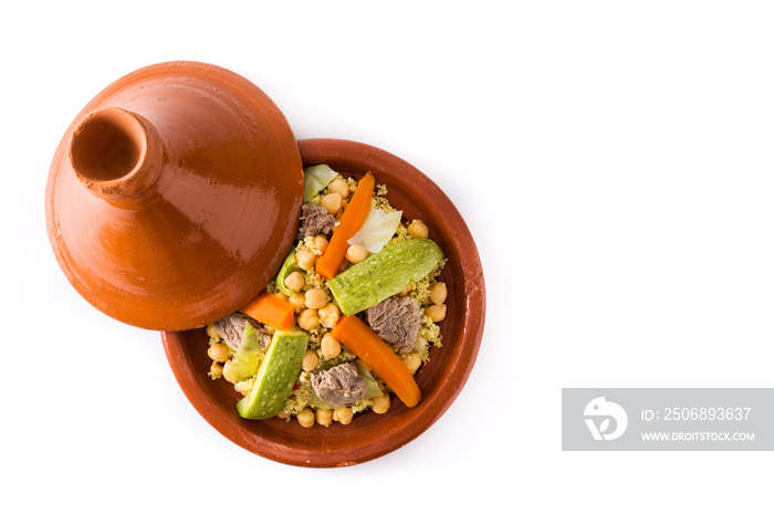 Traditional tajine with vegetables, chickpeas, meat and couscous isolated on white background. Top v