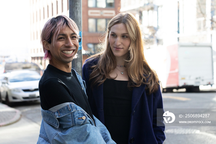 Lgbtqia friends walking in the city.