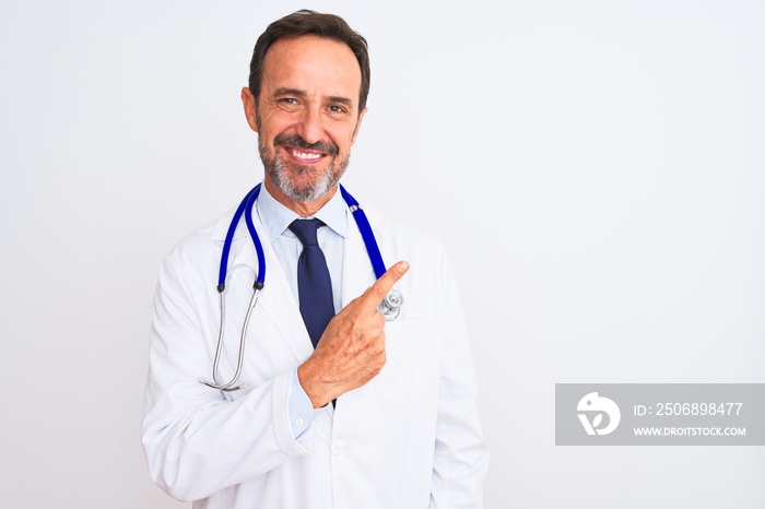 Middle age doctor man wearing coat and stethoscope standing over isolated white background cheerful 