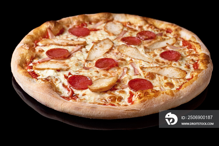 Pizza with mozzarella cheese, chicken, pepperoni restaurant menu, isolated black background.