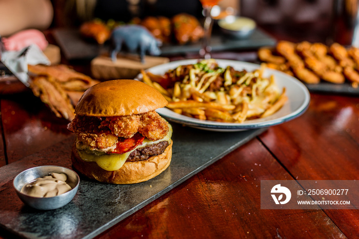 Perfect Burger Fried Chicken French Fries Bacon Barbecue Sauce Onion Rings Fast Food