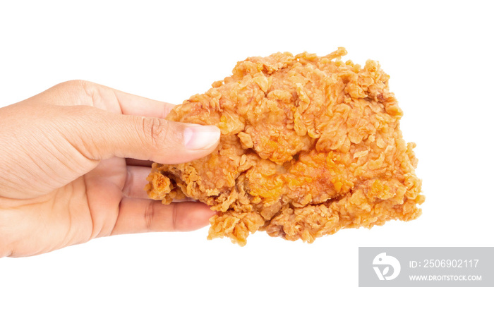 Close up woman  hand holding fried chicken leg isolated on whit background