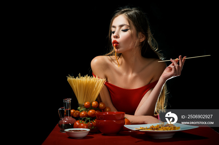 Sensual woman eat spaghetti. Healthy food concept. Hunger and appetite. Surprised girl with spaghett