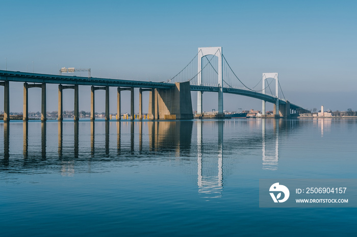 Throgs Neck Bridge with clear reflection in water