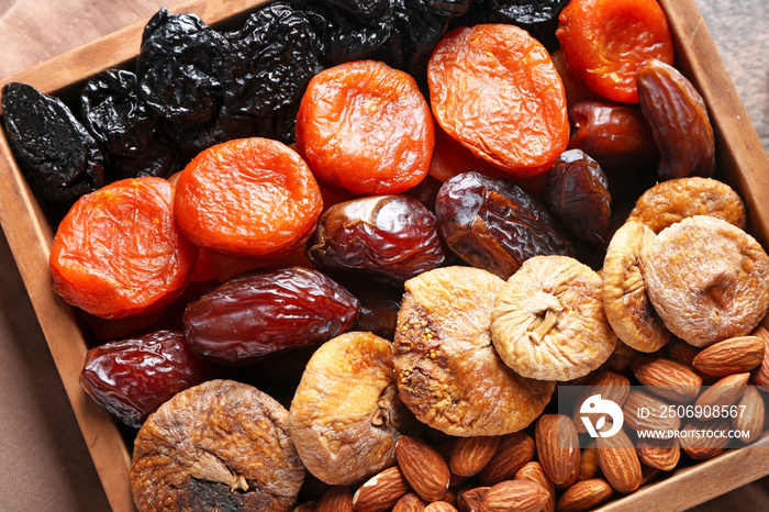 Different dried fruits and nuts in box