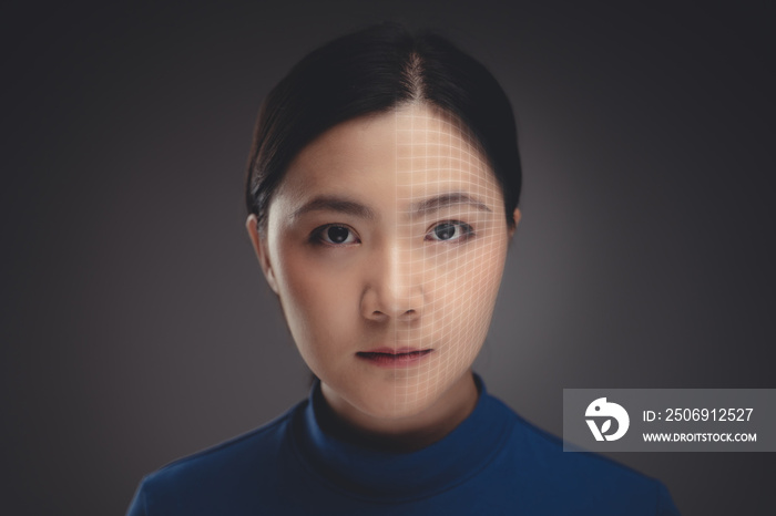 Close up shot of portrait Asian woman and technology scanning face.