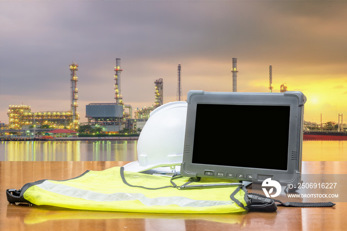 Rugged computers tablet in front of oil refinery industry