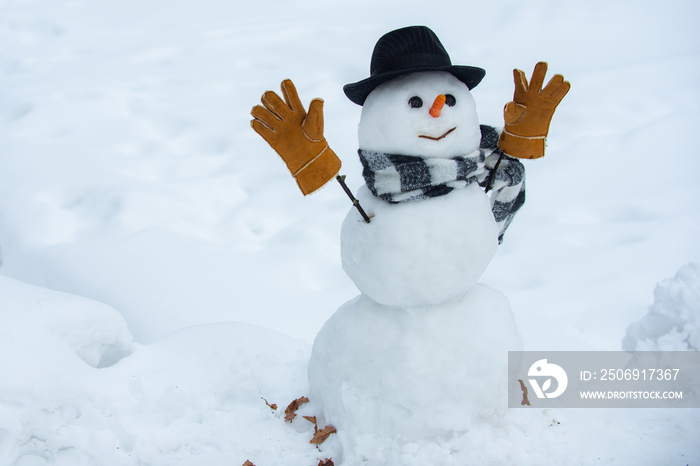 户外雪地里的手工雪人。白雪背景下的雪人的冬季场景。可爱的雪人