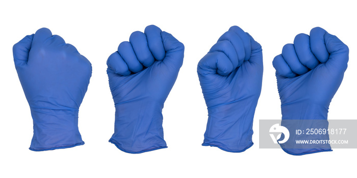 Hand wearing blue nitrile examination glove makes a fist. Various angles