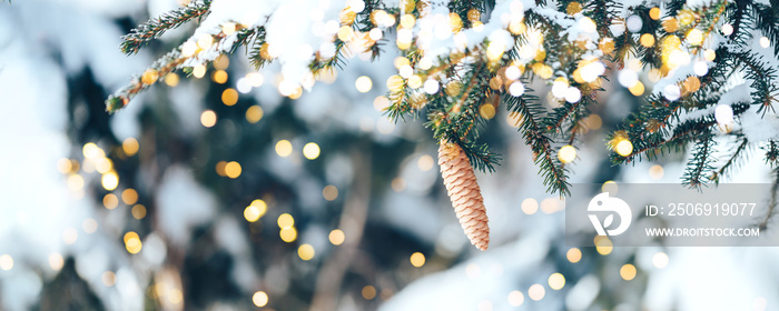 Christmas tree outdoor with snow, lights bokeh around, and snow falling, Christmas atmosphere. Happy