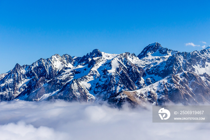 Snow and mountain peaks in the french Pyrenees near the Luchon Superbagnères Ski Resort in the Arron