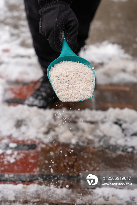 ice melt rock salt is being spread on your walking path to melt the snow and ice