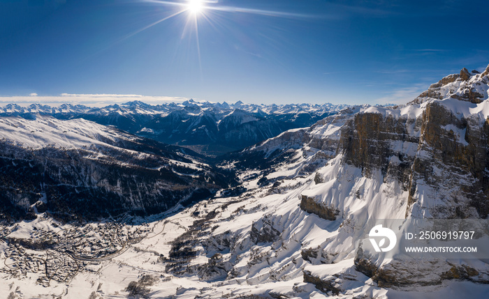 Dramatic view of the Leukerbad village and ski resort from the Gemmi mountain in Canton Valais in Sw