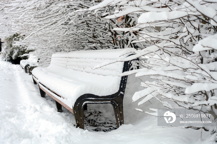冬季公园里被雪覆盖的空木长椅