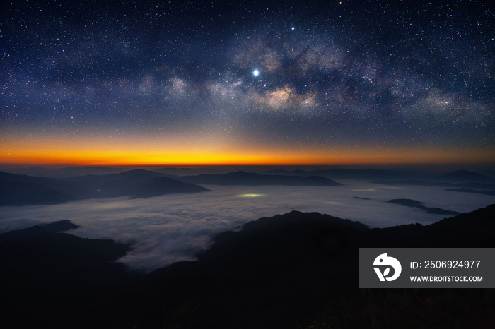 Milky way galaxy and star over mountains.