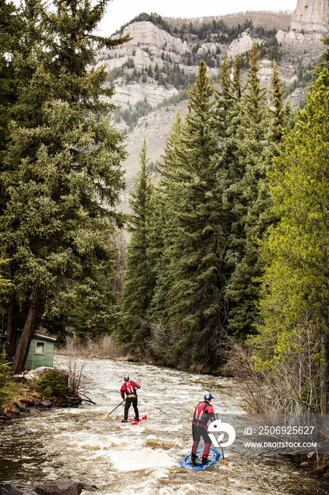 Rear view of friends kayaking in river