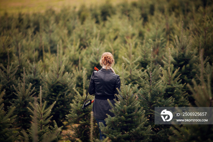 Rear view of young woman standing between spruce trees