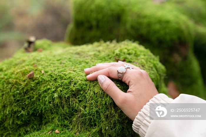 Close-up of woman touching moss