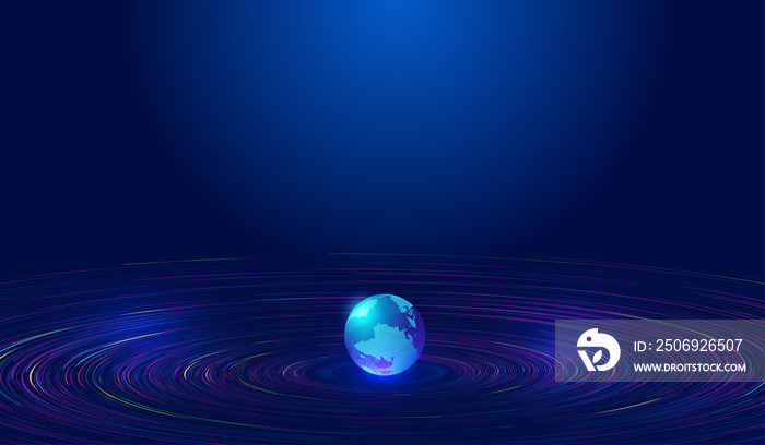 3D earth, lines, particle universe vortex, network big data background.