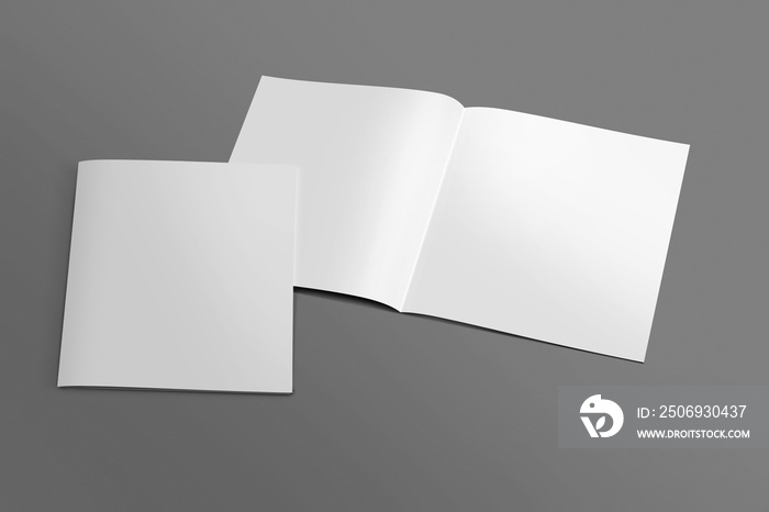 Square Blank opened and closed 3D illustration Brochure mock-up with cover. Book, Magazine, Pamphlet