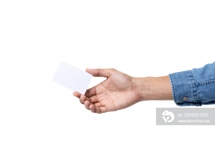 business man hand holding business card isolated on white background with clipping path