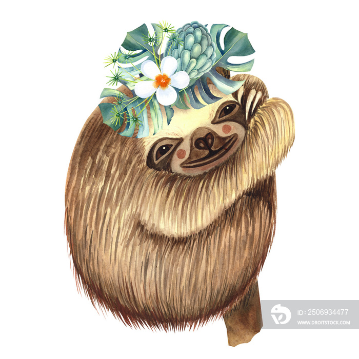 Illustration with baby sloth and tropical flower, leaves  wreath. Isolated elements on a white backg