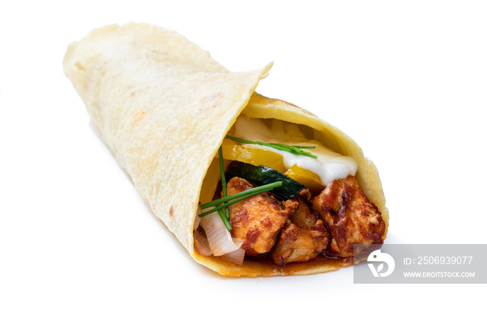 Homemade chicken burrito with vegetables and tortilla isolated on white