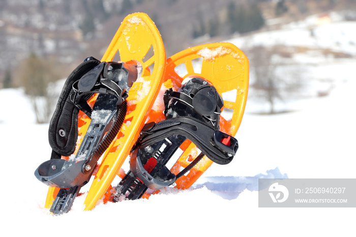 two orange snowshoes in mountains in winter