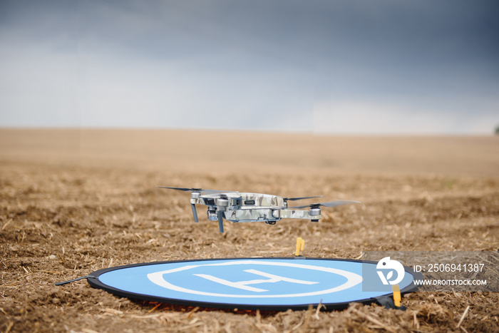 无人机白天在田间飞行。无人机在农业业务中的使用