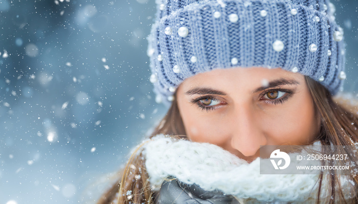 Portrait of young beautiful woman in winter clothes and strong snowing.