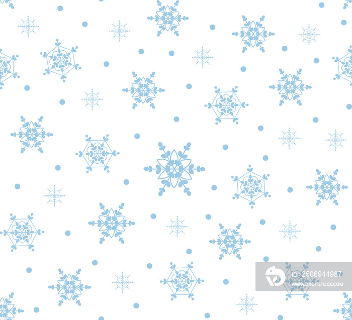 Simple winter square pattern background with snowflakes on white background.