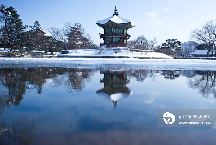 冬雪蓝天的景色。