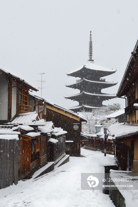 冬の雪舞う京都市東山の八坂の塔を歩く