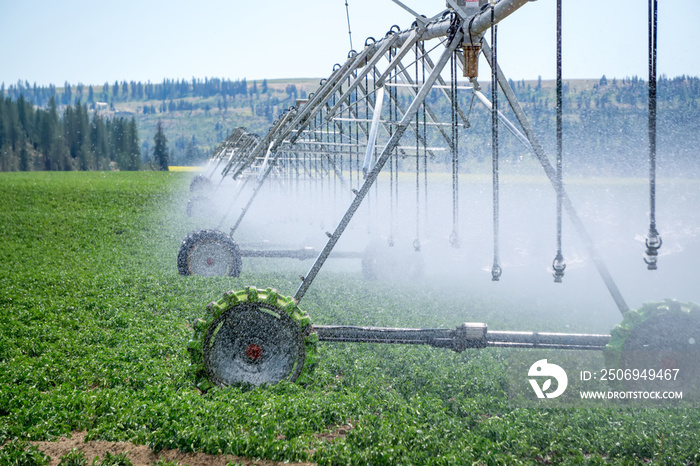 Irrigation equipment on farm field on sunny day