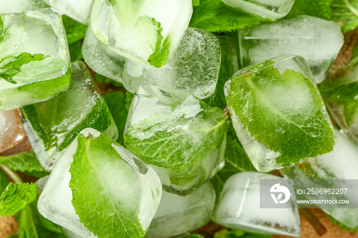 Ice cubes and fresh mint, closeup