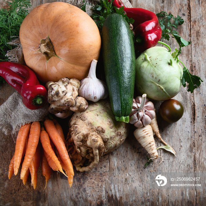 Organic vegetables on wooden table