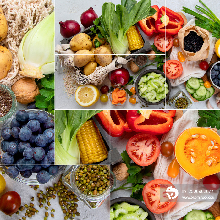 浅灰色背景下精选新鲜生蔬菜、水果和豆类制成的拼贴画。