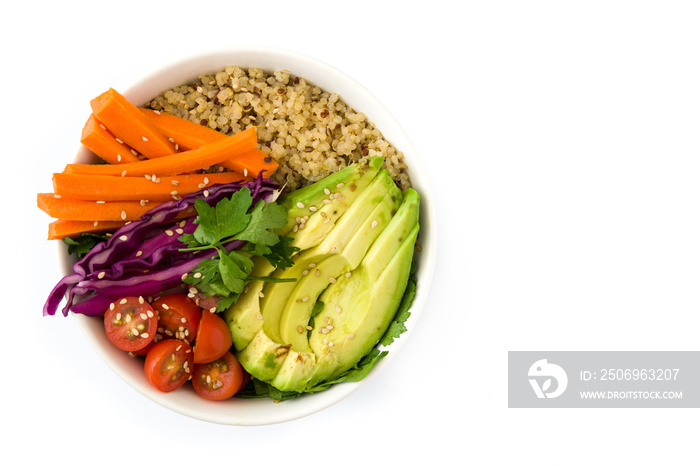 Vegan Buddha bowl with fresh raw vegetables and quinoa isolated on white background. Top view. Copys