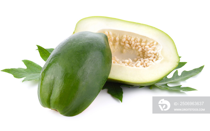 Fresh green papaya on a white background.