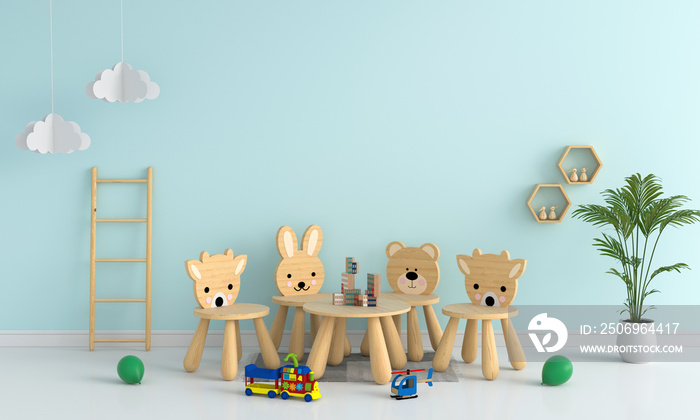 Table and chair in light blue child room for mockup, 3D rendering