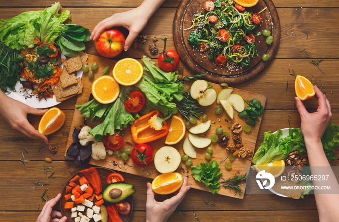 Dinner table, women eat healthy food at home kitchen