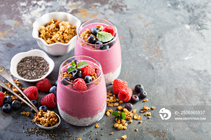 Chia pudding parfait with berry smoothie