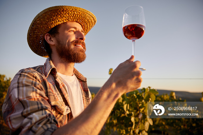 葡萄园里有一杯葡萄酒，快乐的酿酒师