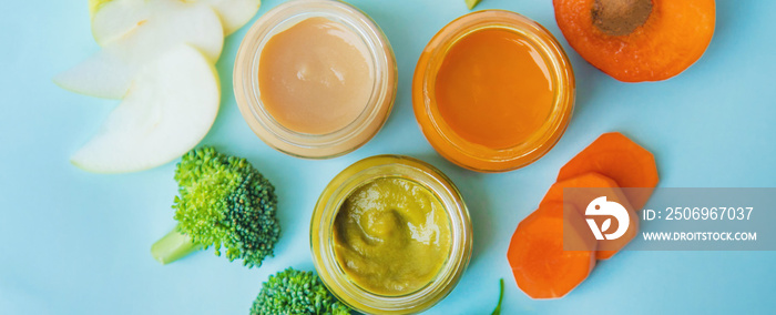 baby food in small jars. Selective focus.