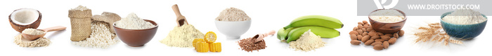 Collage of different gluten-free flour on white background